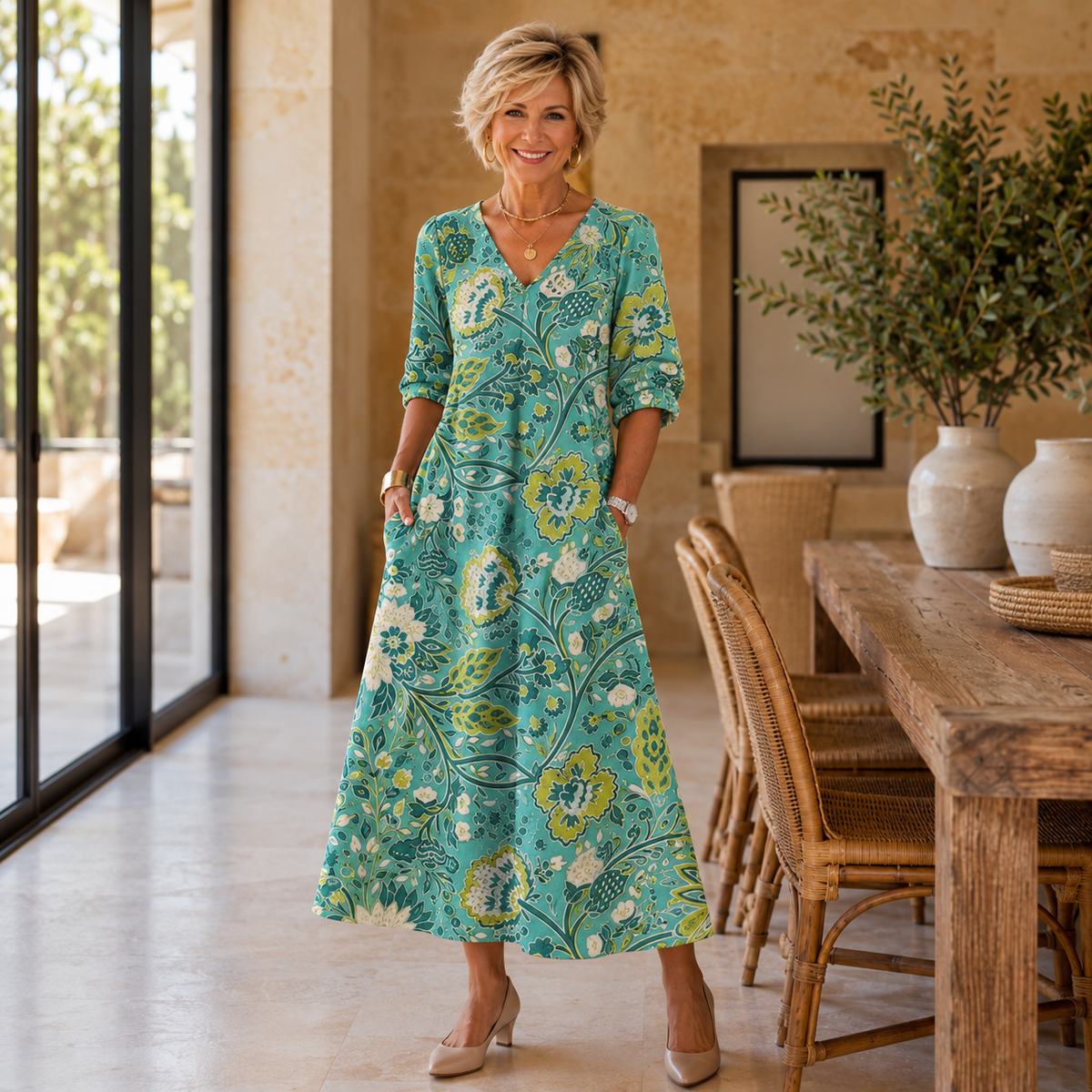 Rosella midi dress in turquoise floral print, front view