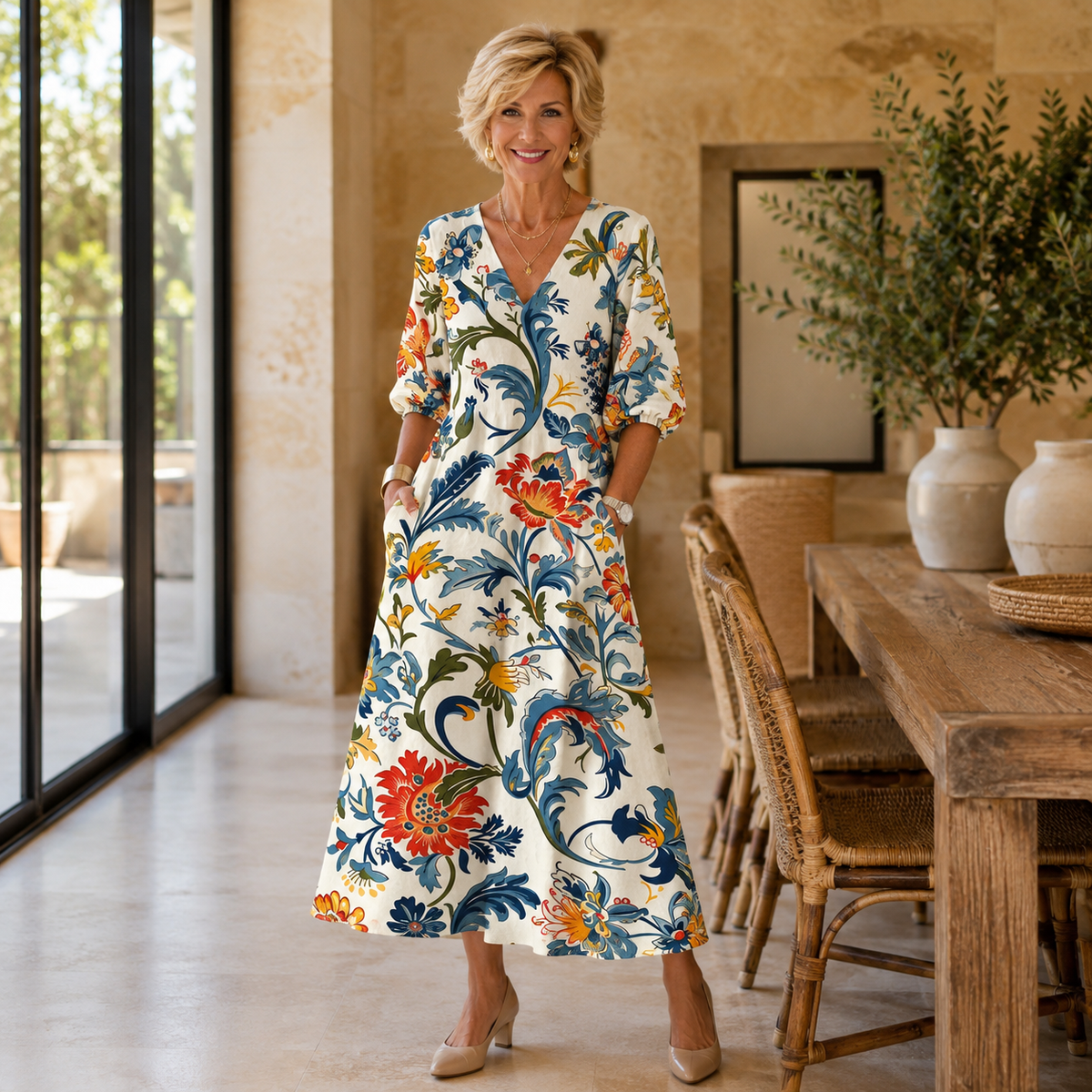 Florimel floral midi dress in cream and blue, front view