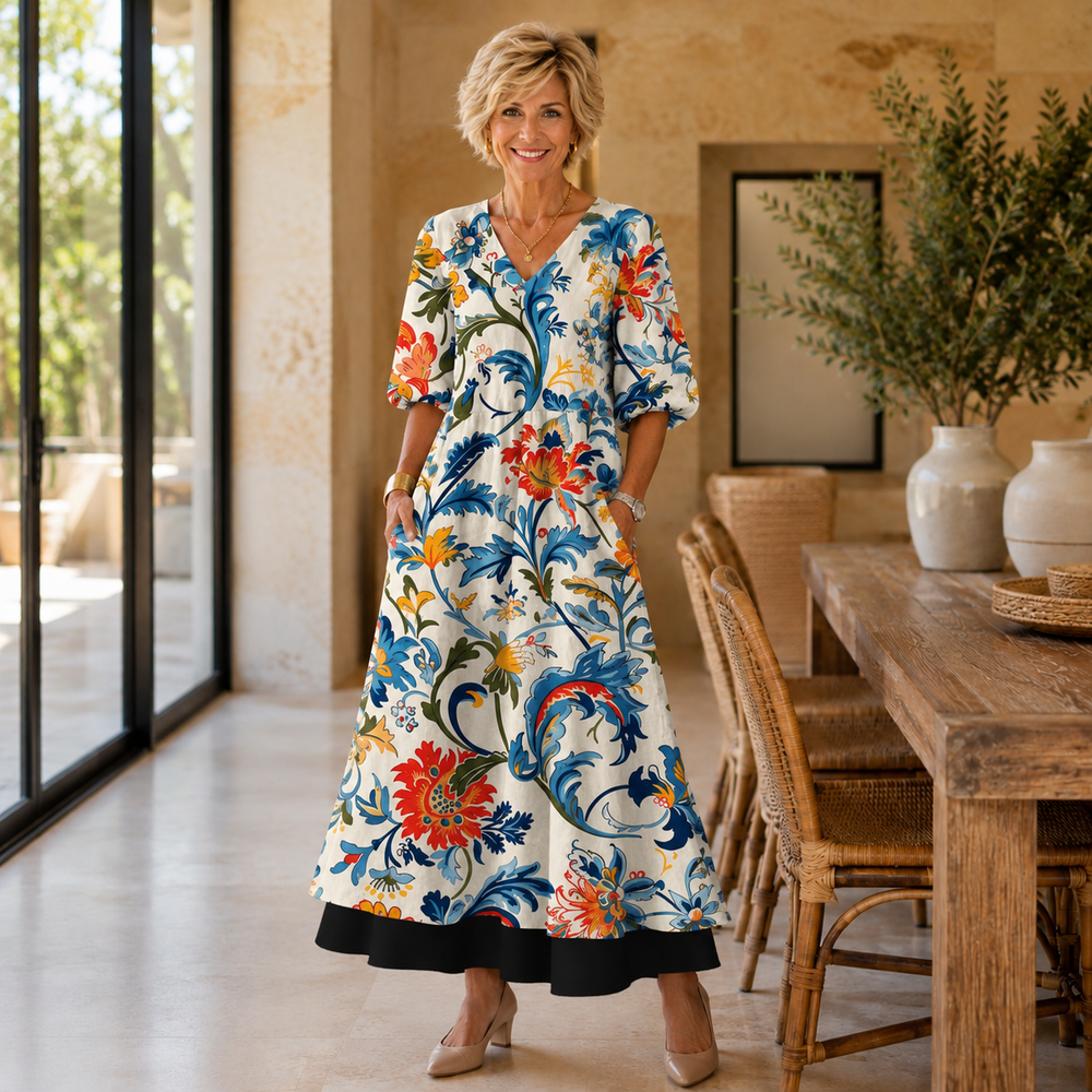 Primula floral scroll maxi dress in cream with blue and red print, front view