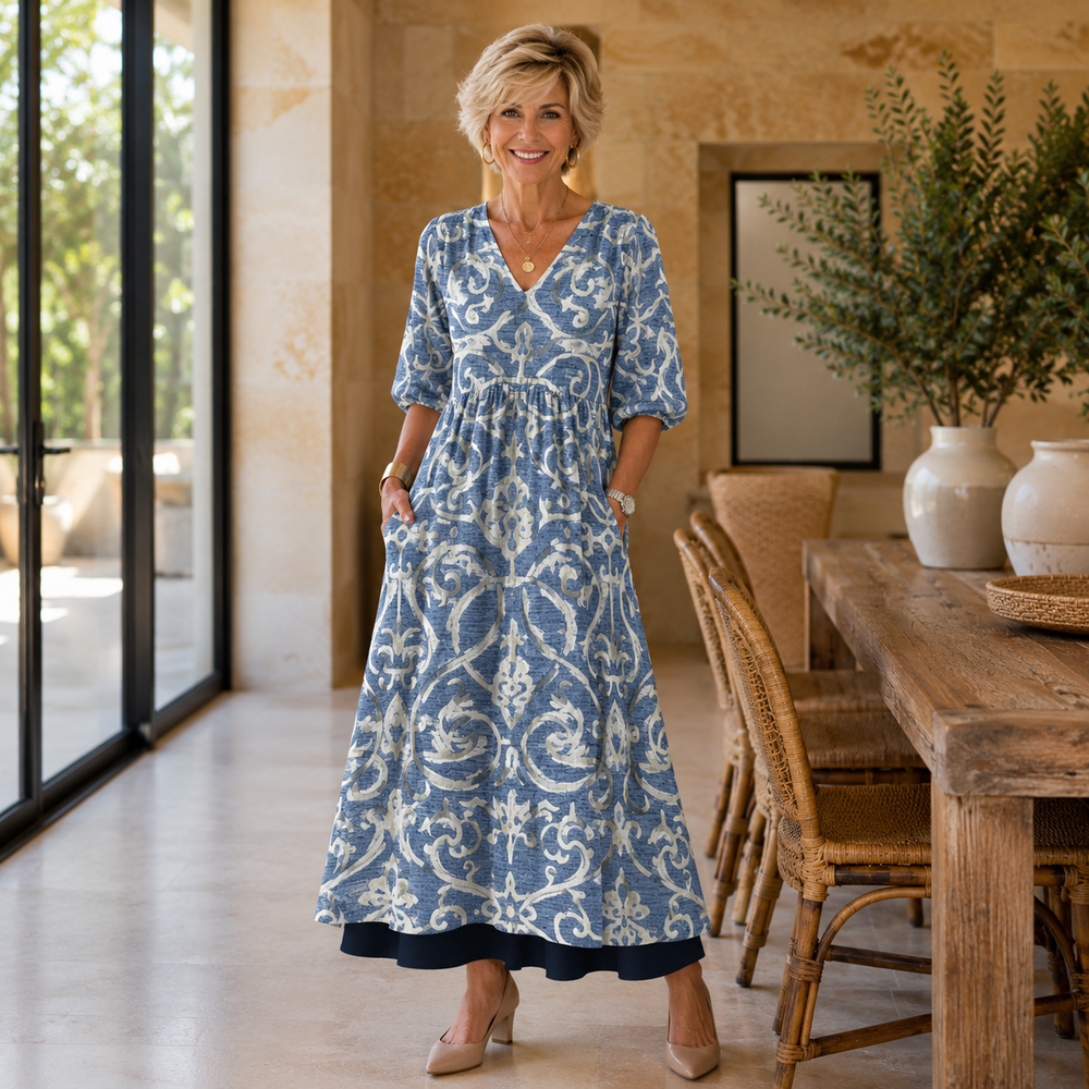 Ivah maxi dress in blue damask print, front view