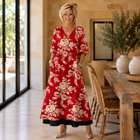 CLEODIE | RED AND CREAM ROSE PRINT MAXI DRESS