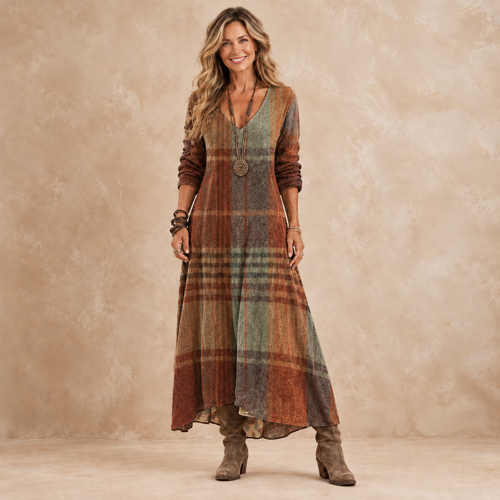 Genevra plaid maxi dress in rust, sage and brown, front view