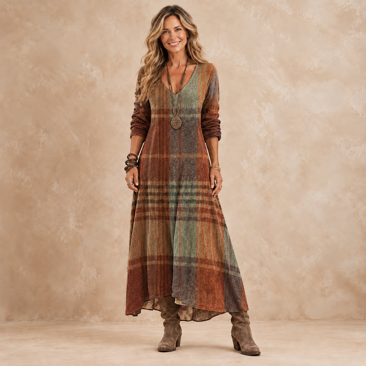 Genevra plaid maxi dress in rust, sage and brown, front view