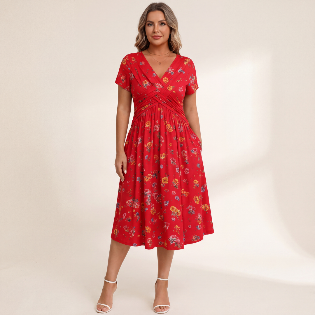 Theresa floral twist-waist dress in red, full-length front view