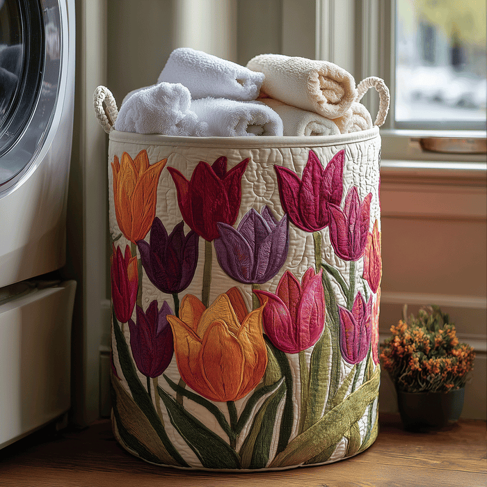 Liliana hand-quilted laundry basket with colourful tulip pattern, filled with folded towels