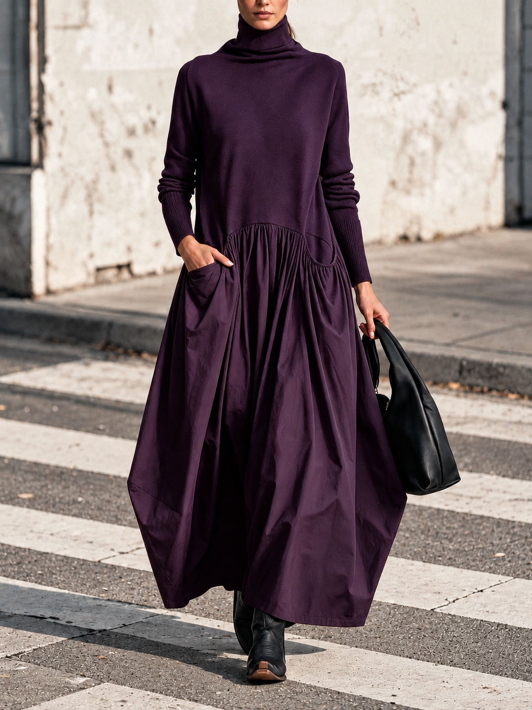 Ellisande turtleneck maxi dress in dark purple, front view