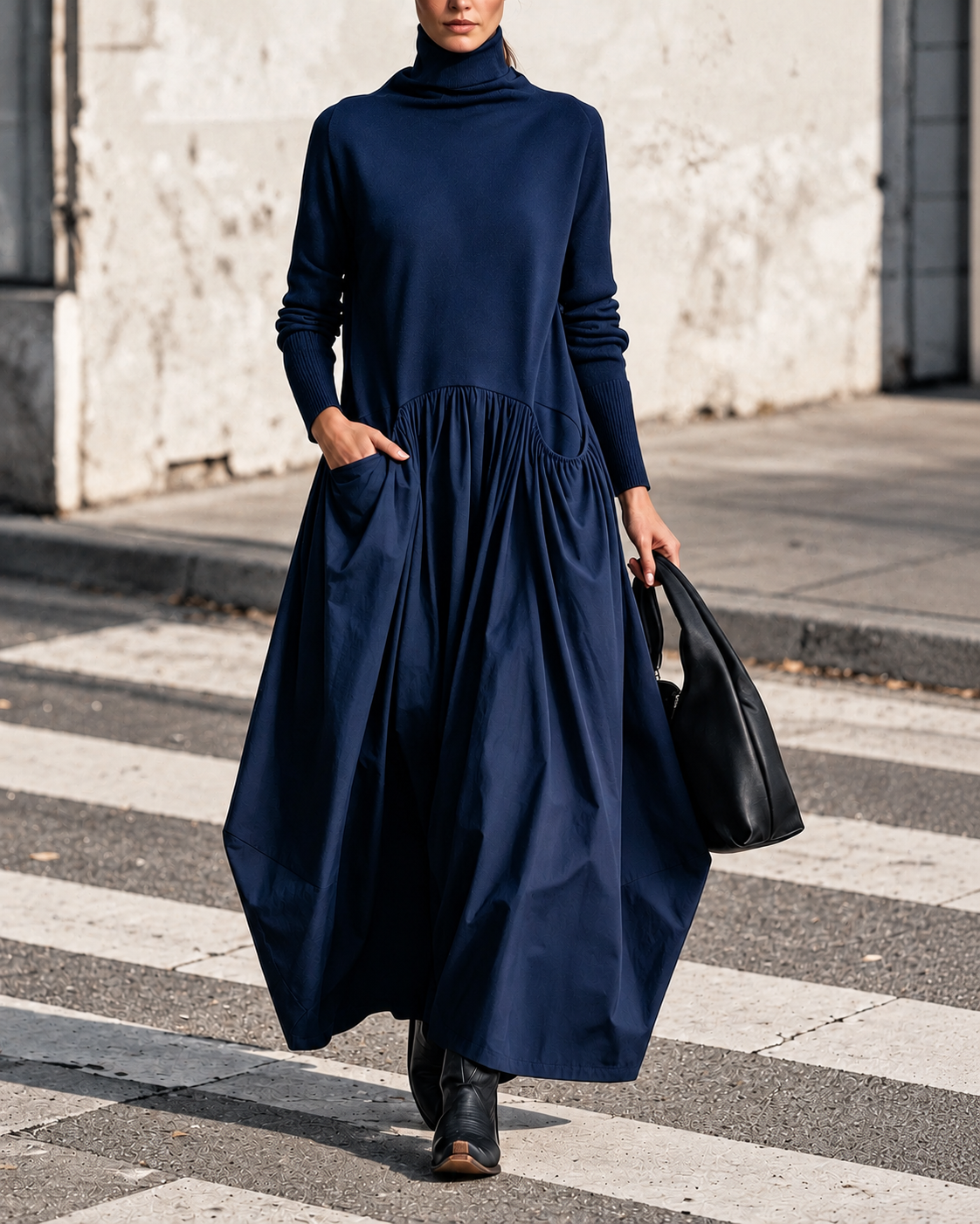Ellisande turtleneck maxi dress in blue, front view
