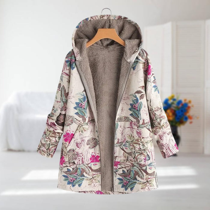 Flora hooded floral print coat in cream with pink flowers, front view on a hanger
