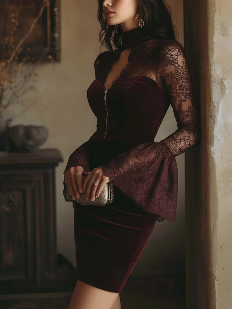 TAMSIN VELVET & LACE BODYCON MINI DRESS IN BORDEAUX