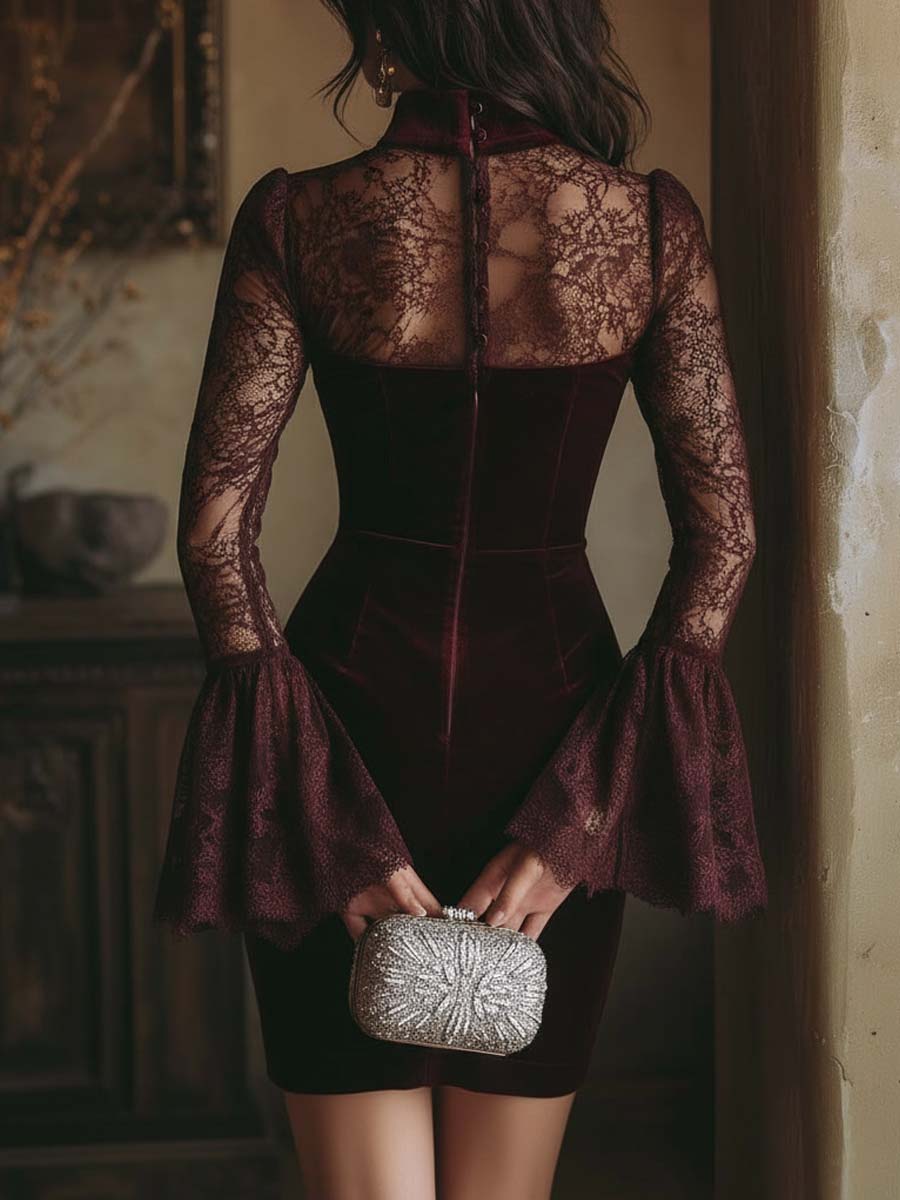 TAMSIN VELVET & LACE BODYCON MINI DRESS IN BORDEAUX