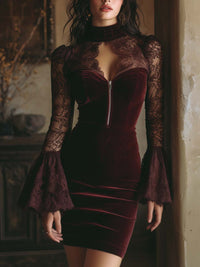 TAMSIN Lace BODYCON MINI DRESS IN BORDEAUX