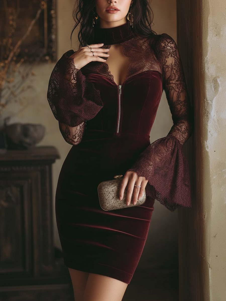 TAMSIN VELVET & LACE BODYCON MINI DRESS IN BORDEAUX
