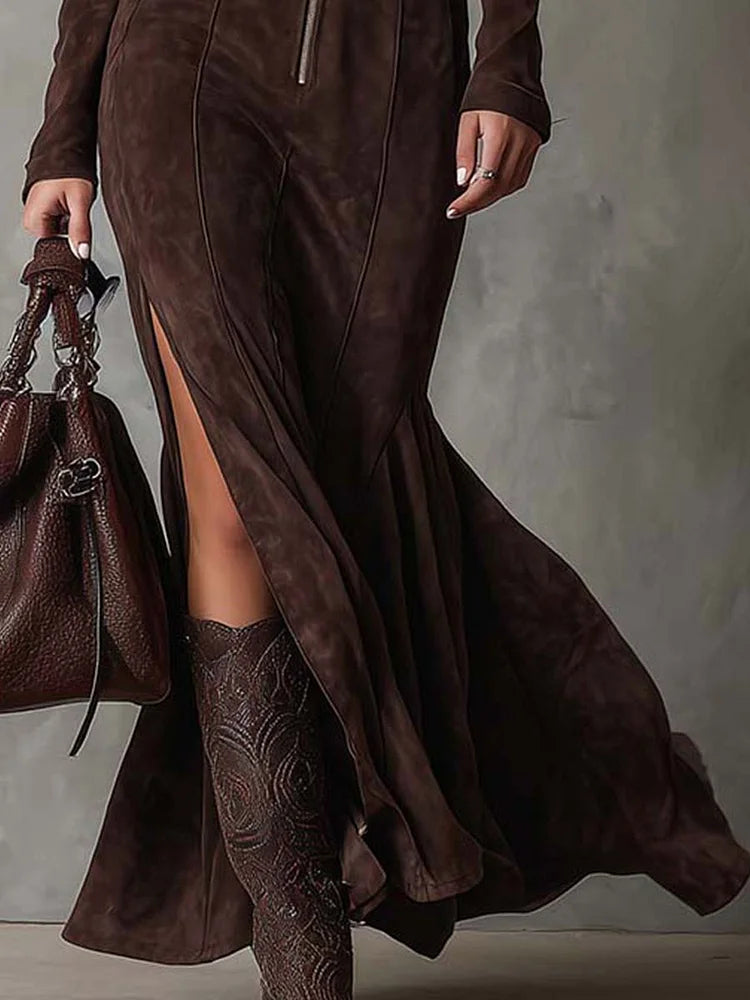 Dilys suede-look maxi dress in brown, side slit detail