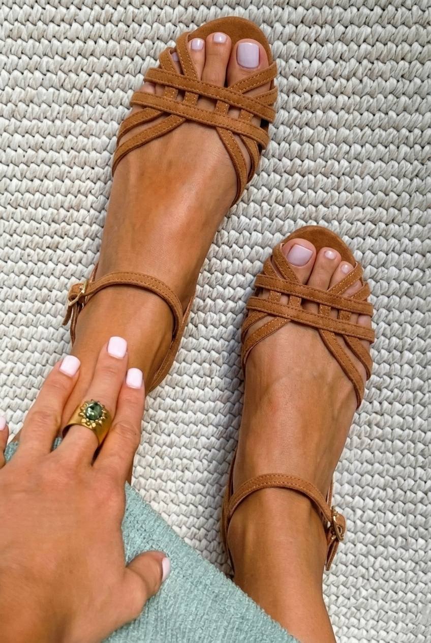 Tan Flat Sandals with Ankle Buckle and Multiple Straps