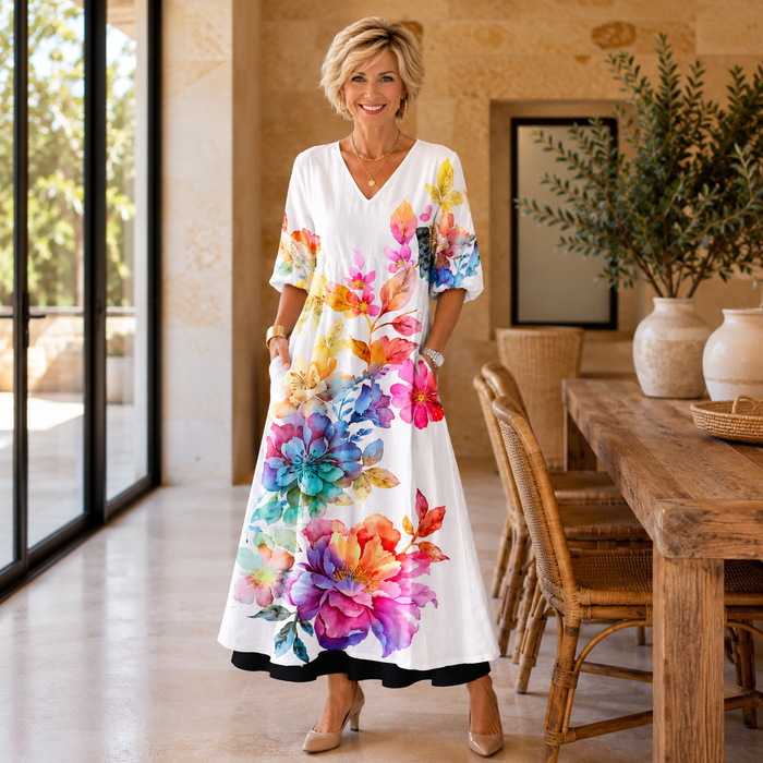 Dymphna maxi dress in white watercolour floral print, front view
