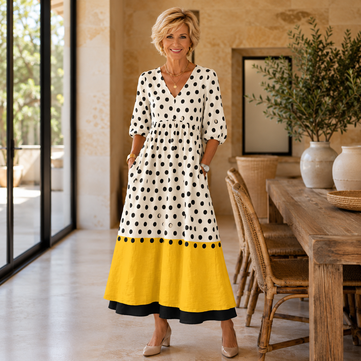 Hephzibah maxi dress in cream polka dot with yellow hem, front view