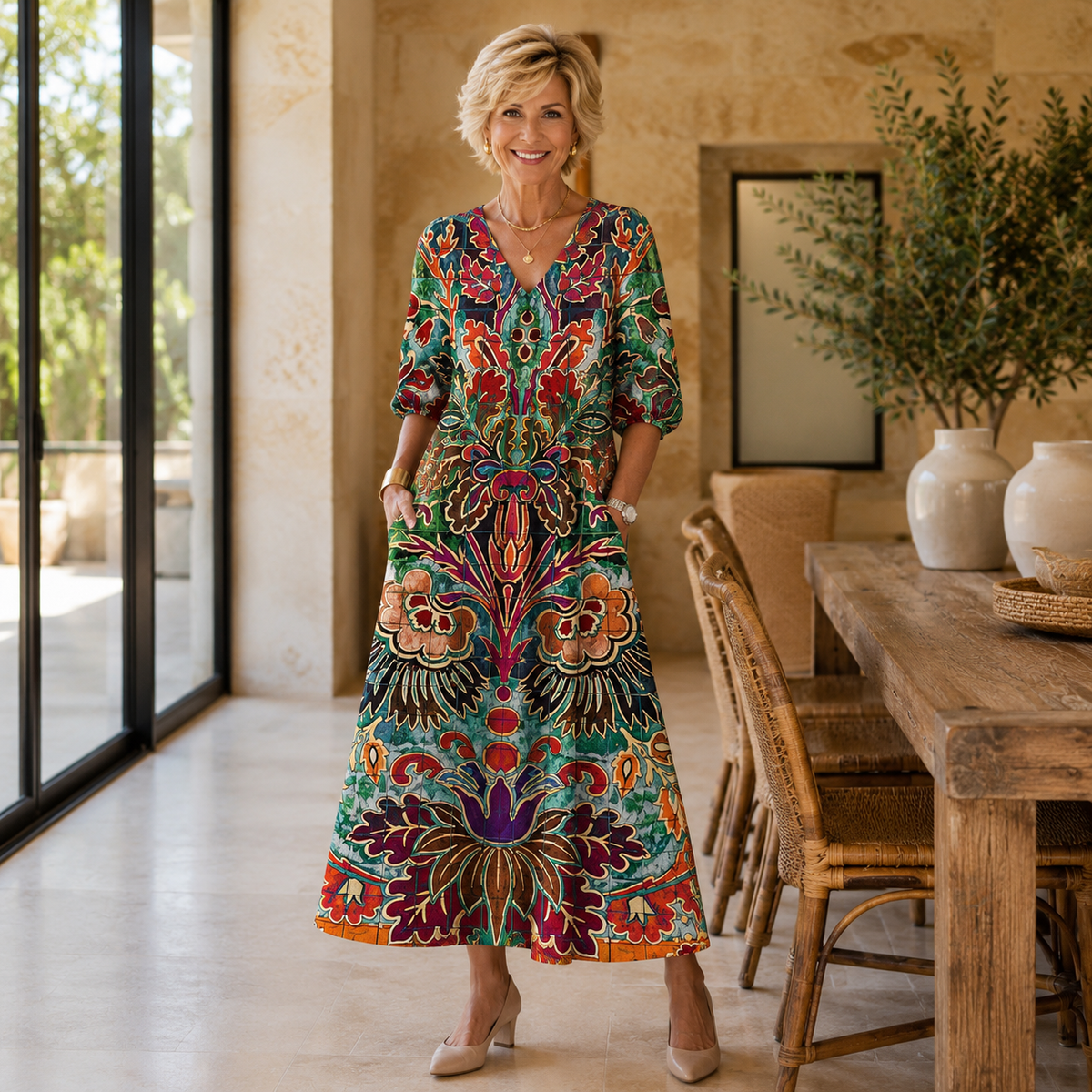 Edwige maxi dress in jewel-tone folk print, front view