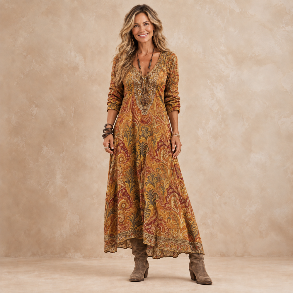 Melora paisley maxi dress in rust and gold, front view
