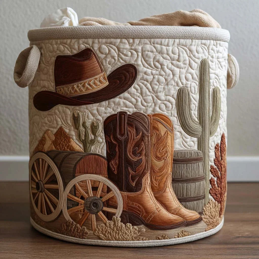 Caterina hand-quilted laundry basket with cowboy boots, a hat and a wagon wheel, front view