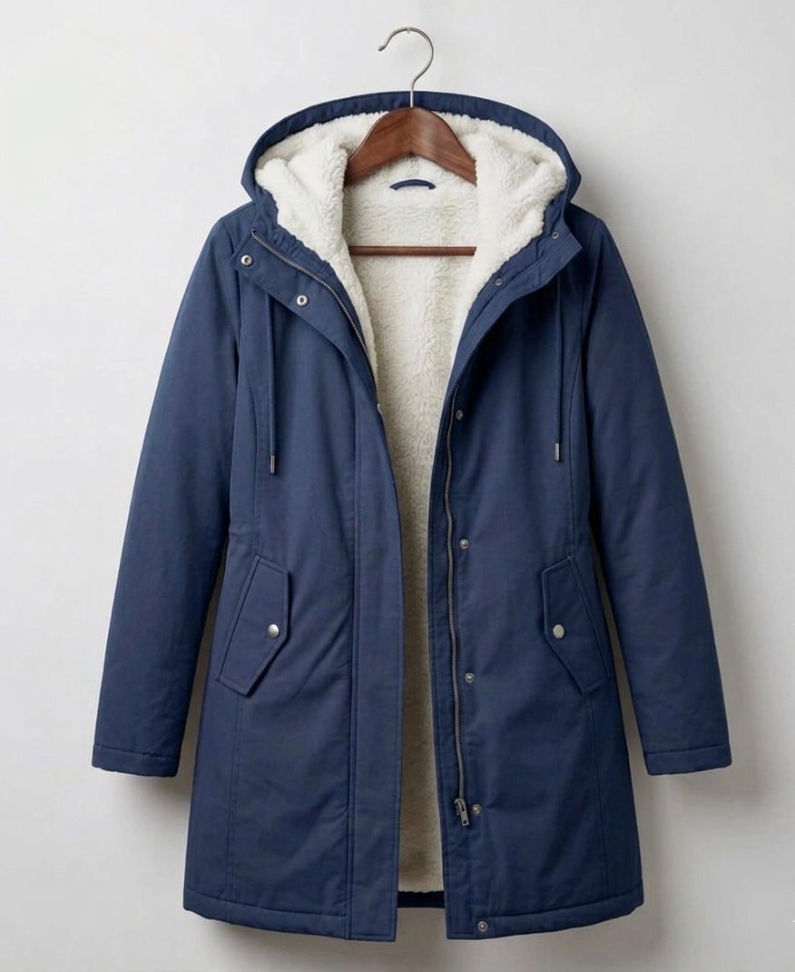 Gwendolen long waterproof parka in navy on a hanger, showing fleece-look interior