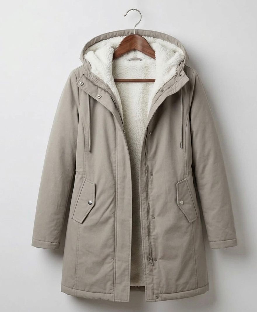 Gwendolen long waterproof parka in grey on a hanger, open front view