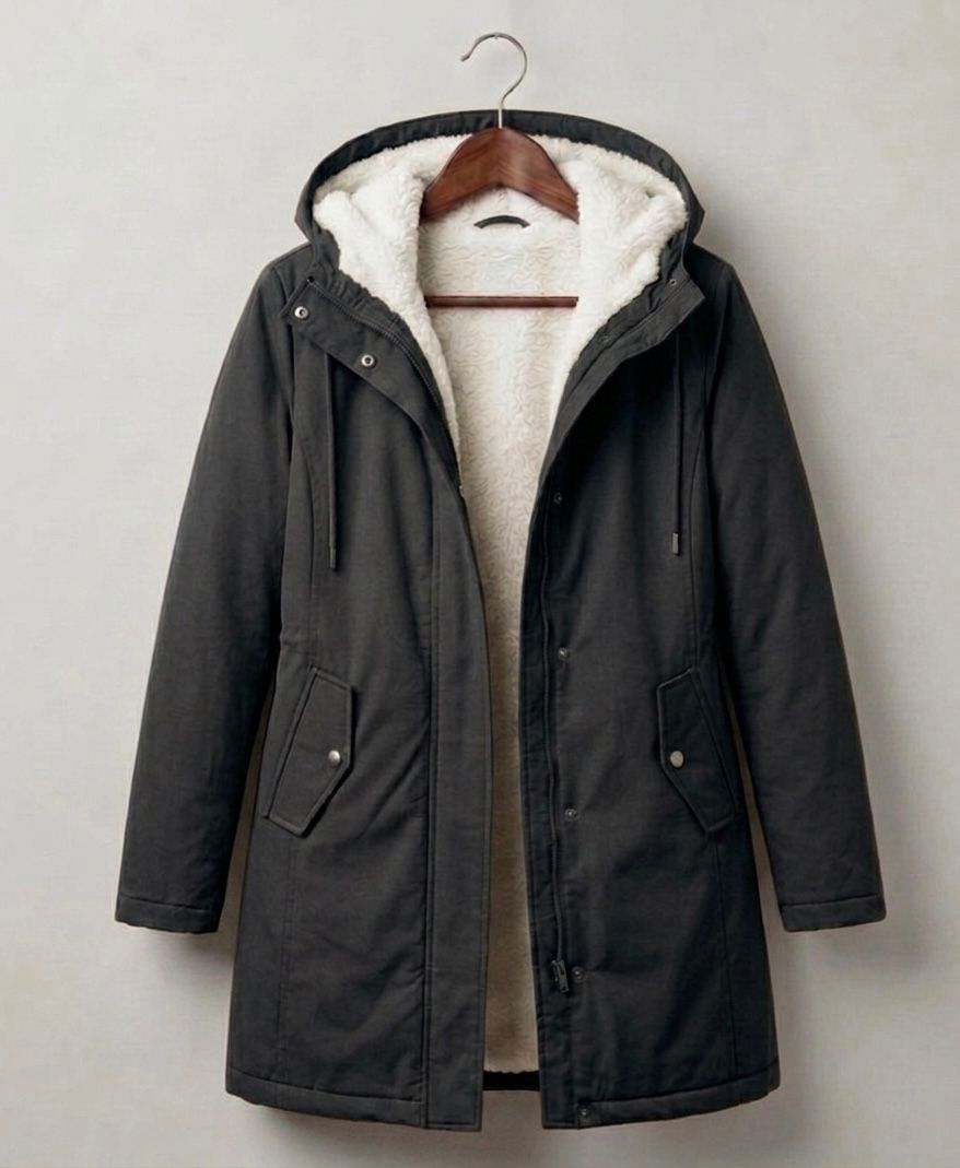 Gwendolen long waterproof parka in black on a hanger, open front view