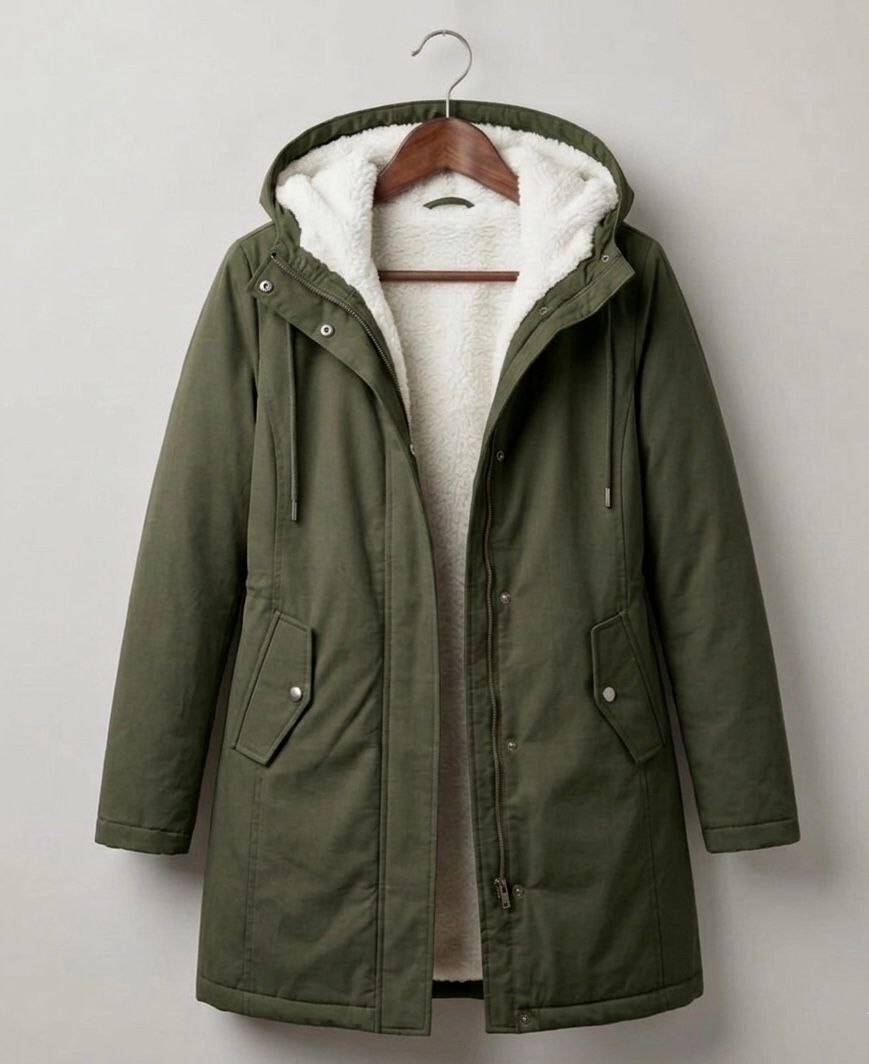Gwendolen long waterproof parka in forest green on a hanger, open front view