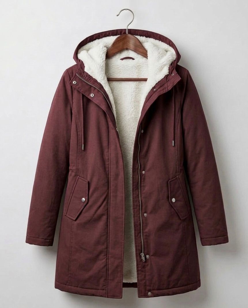 Gwendolen long waterproof parka in berry red on a hanger, open front view