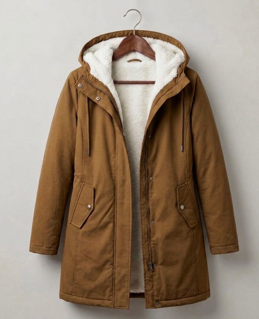 Gwendolen long waterproof parka in khaki on a hanger, open front view
