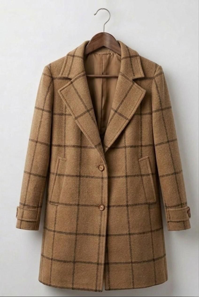 Mathilda long tweed-look check coat in camel on a hanger, front view