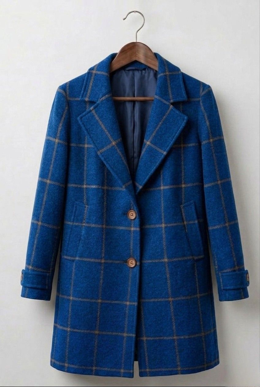 Mathilda long tweed-look check coat in blue on a hanger, front view