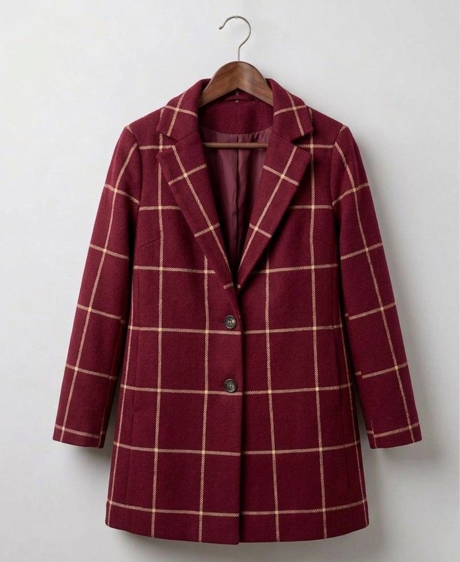 Mathilda long tweed-look check coat in burgundy on a hanger, front view