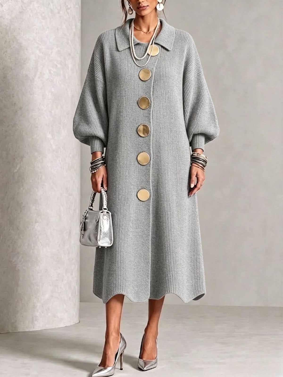 Ellery button-down knit midi dress in Grey, front view