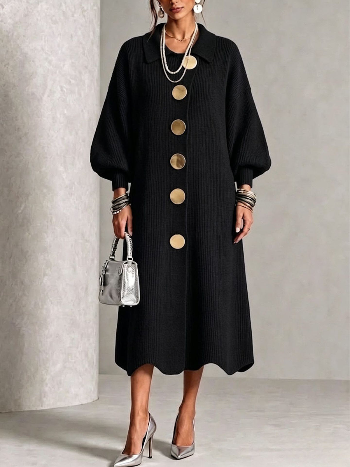 Ellery button-down knit midi dress in Black, front view