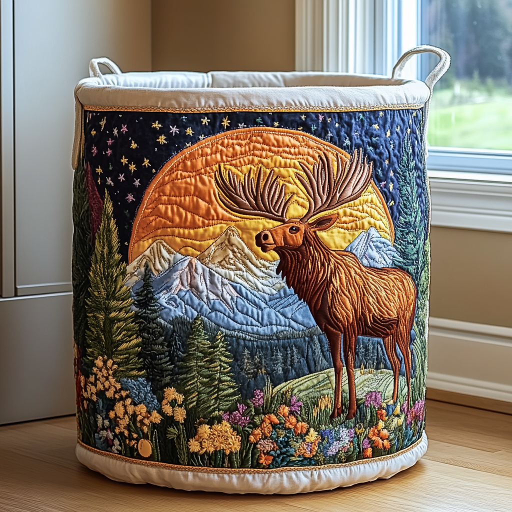 Elisa hand-quilted laundry basket with Wild Moose design, a moose under a golden moon, front view