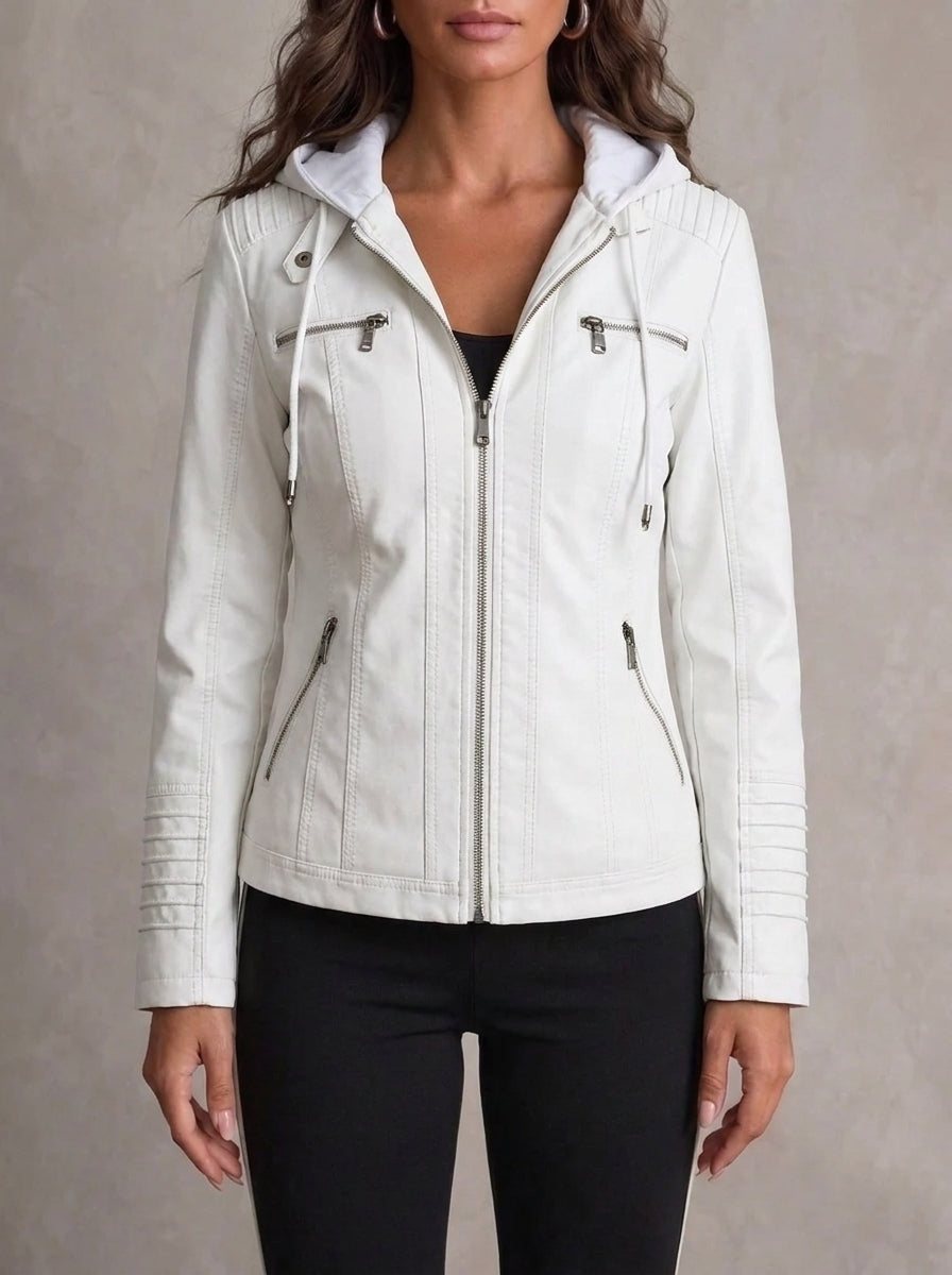 Kirsteen faux leather hooded biker jacket in white, front view on model
