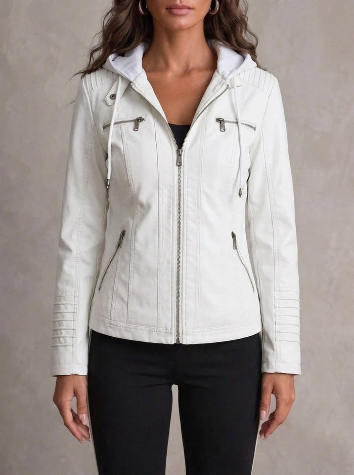 Kirsteen faux leather hooded biker jacket in white, front view on model
