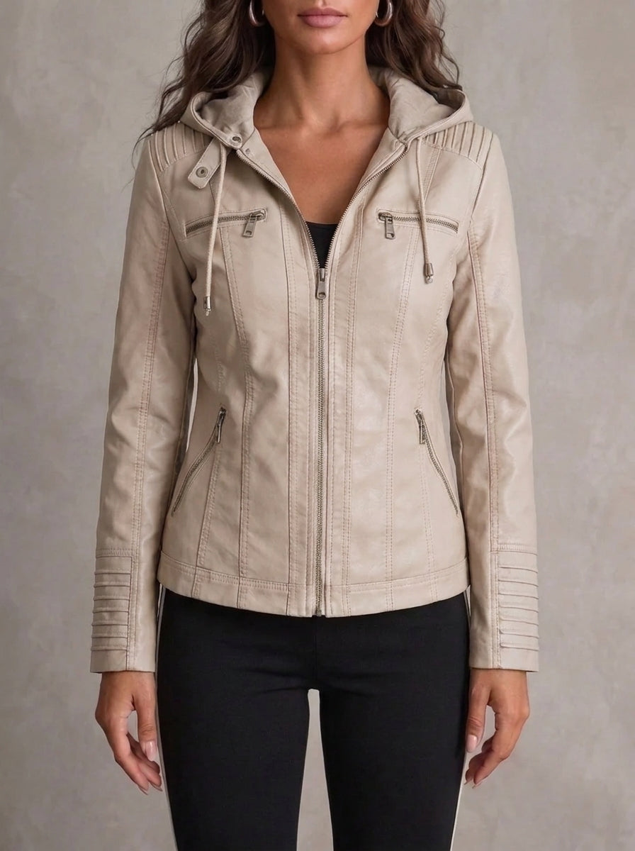 Mhairi faux leather hooded biker jacket in ivory, front view on model