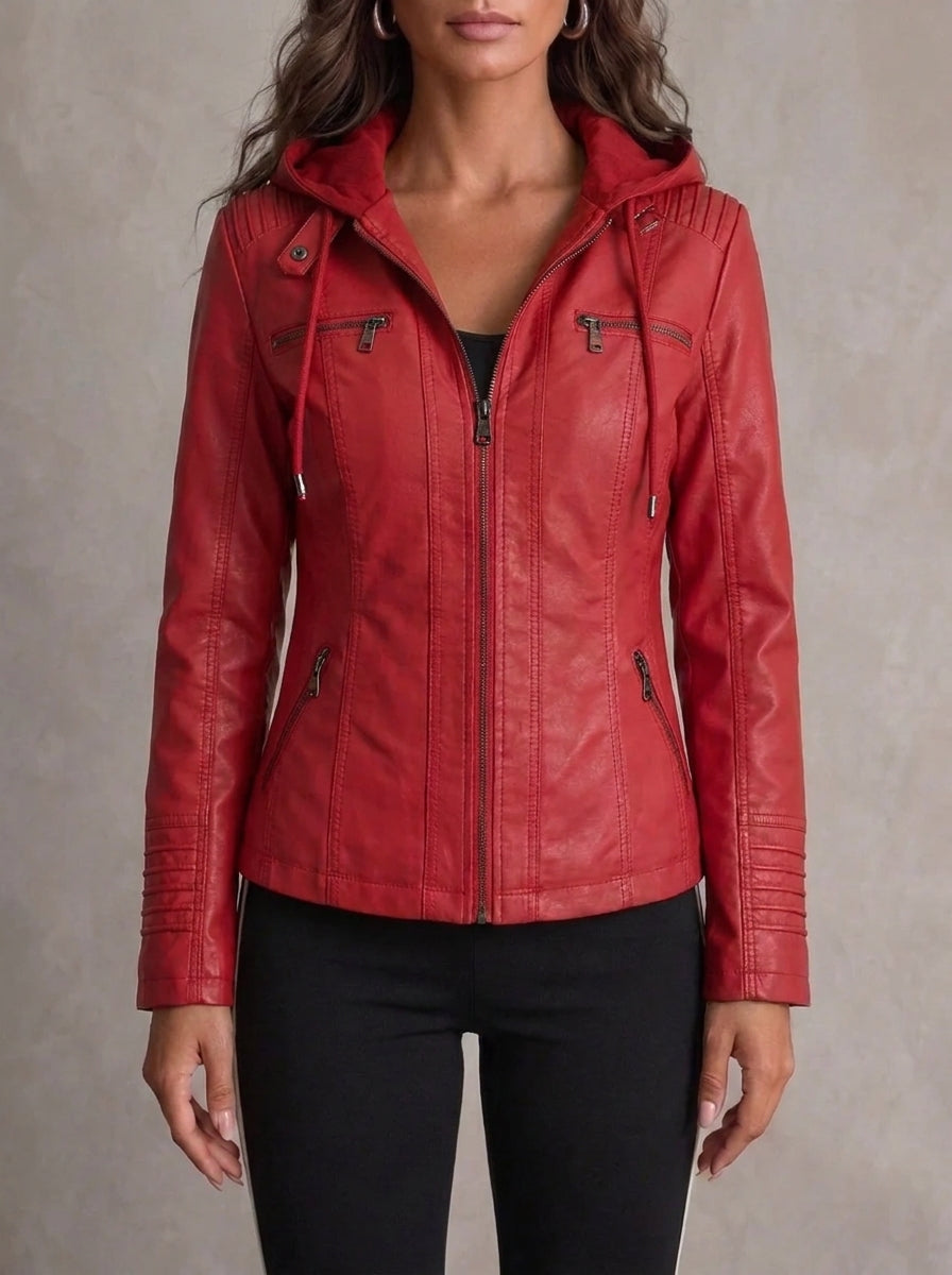 Kenna faux leather hooded biker jacket in red, front view on model