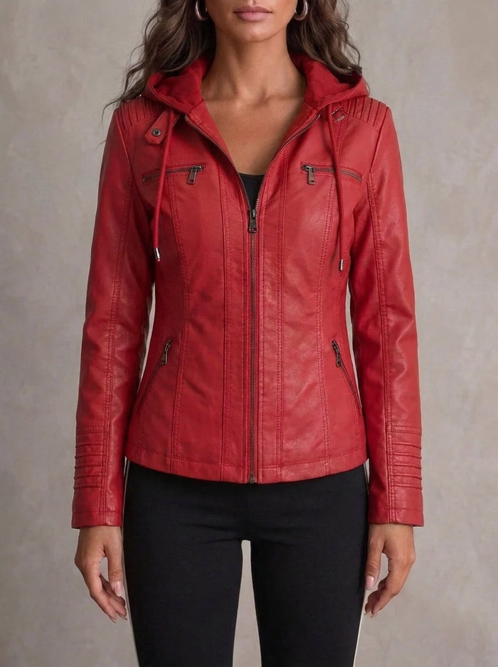 Kenna faux leather hooded biker jacket in red, front view on model