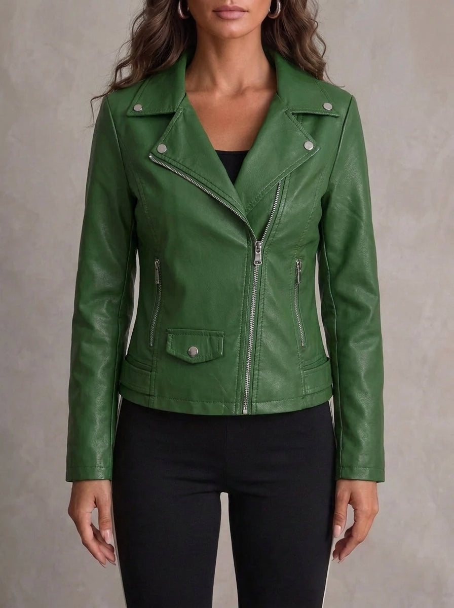Morag faux leather biker jacket in olive green, worn, front view