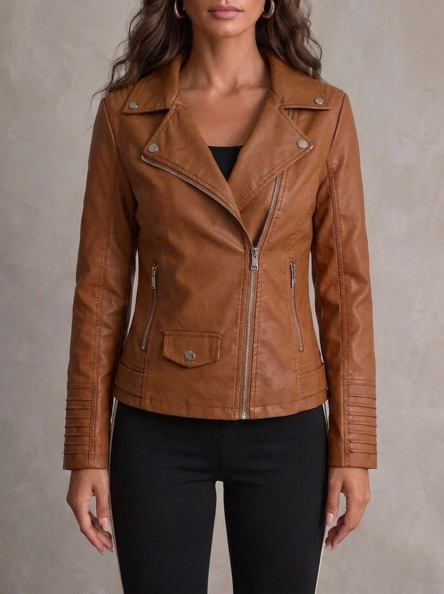 Seonaid faux leather biker jacket in light brown, worn, front view