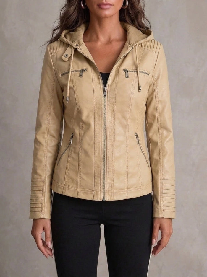 Ishbel faux leather hooded biker jacket in khaki, front view on model