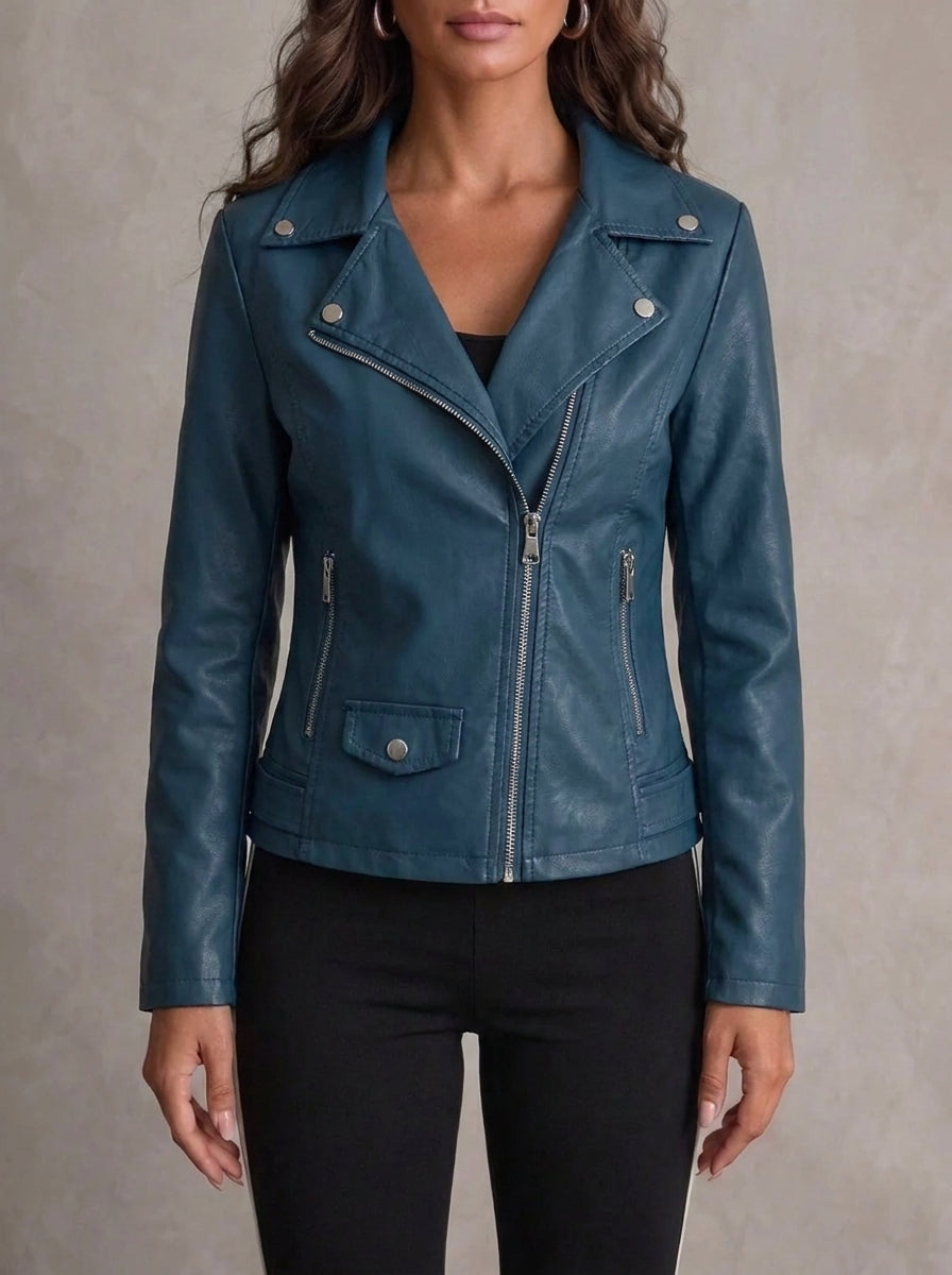 Euna faux leather biker jacket in navy, worn, front view
