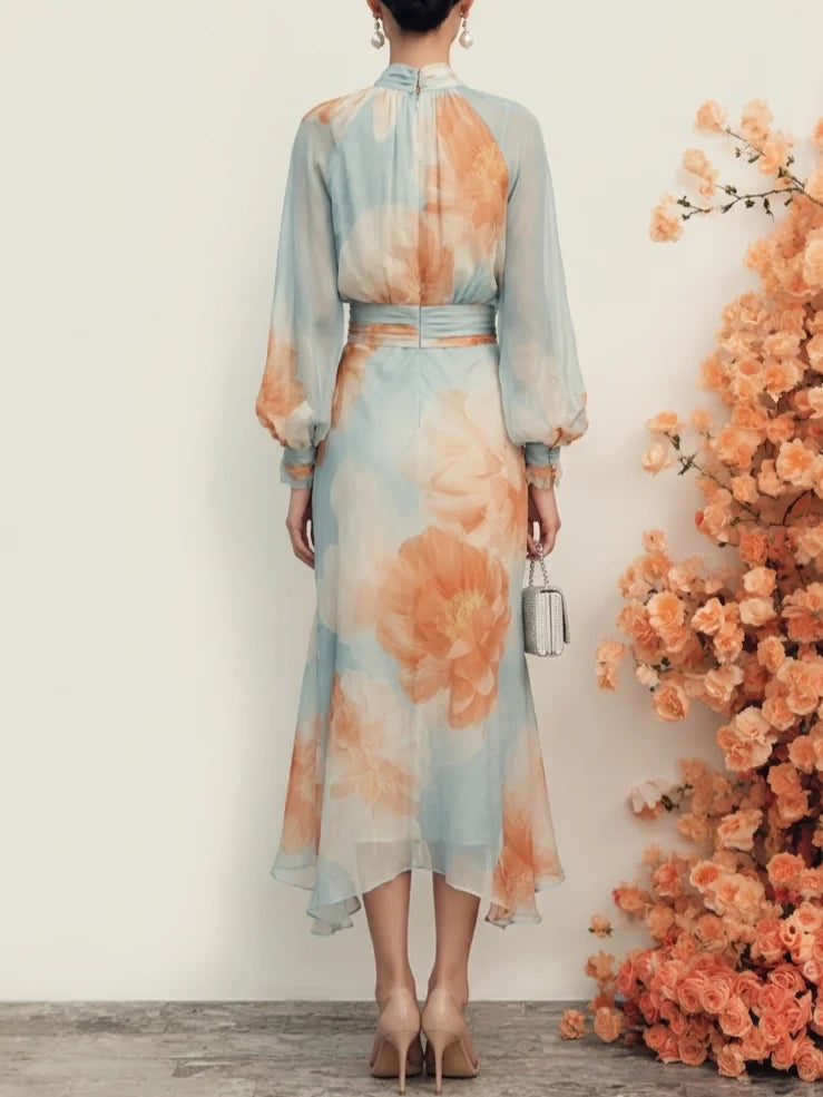Zillah blouse and floral midi skirt set in light blue, back view