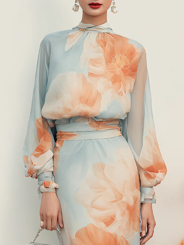 Zillah blouse and floral midi skirt set in light blue, balloon sleeve detail