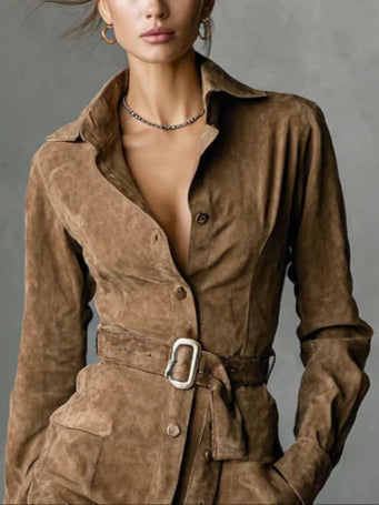 Dorinda soft-touch belted shirt dress in brown, collar and belt close-up