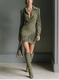 MORLENNA OLIVE GREEN V-NECK WRAP MINI DRESS