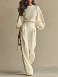 Sophie Ribbed Crew Neck Top and High-waisted Wide-leg Pants Suit