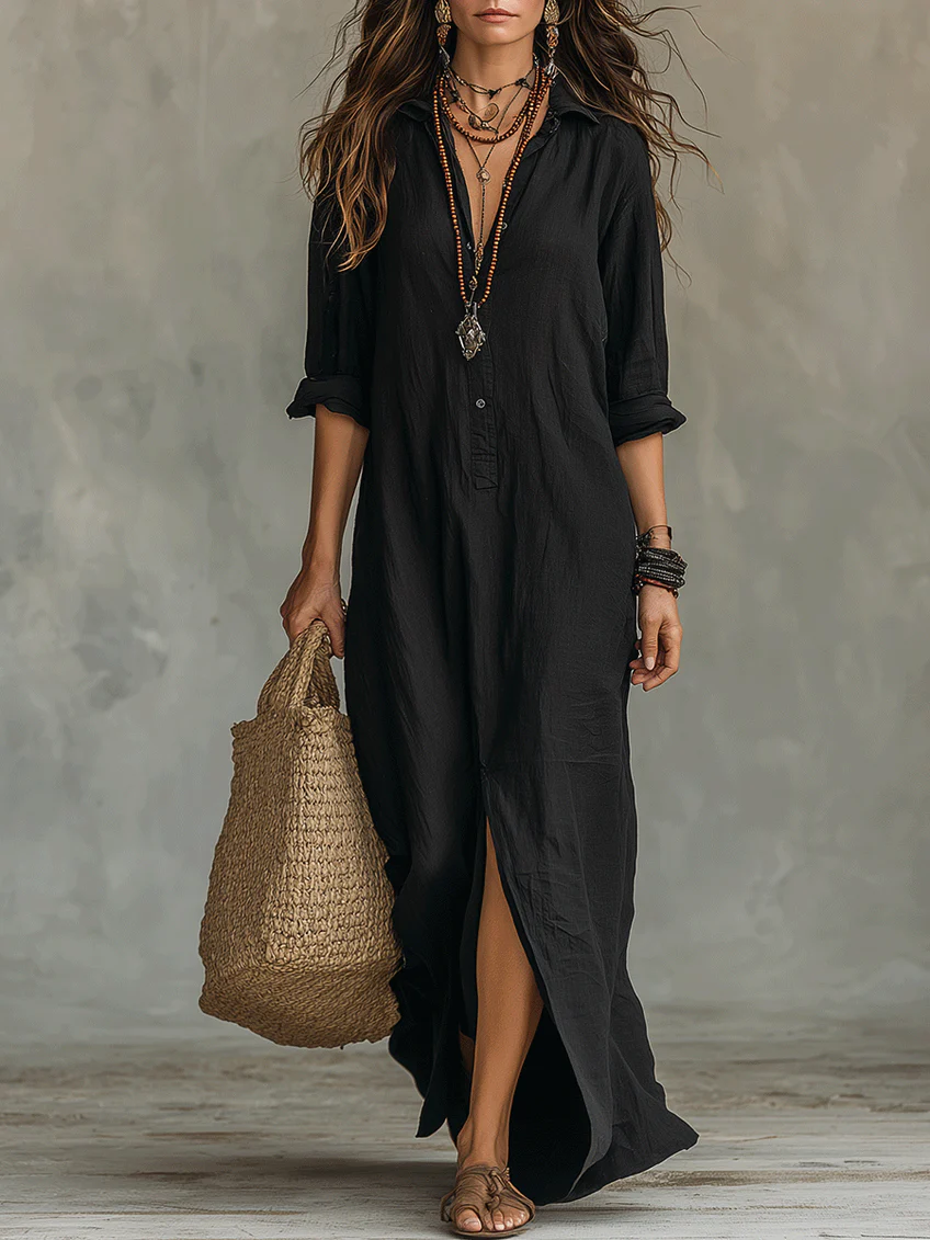 Valeria | Black Maxi Dress with Buttons